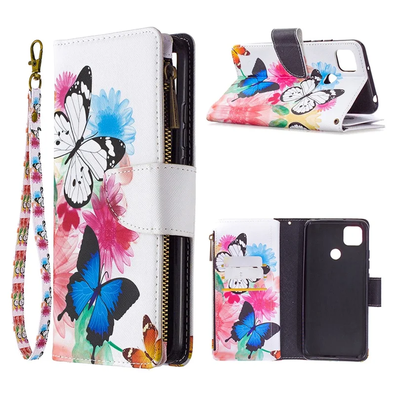 Pattern Printing Case Wallet Stand Leather Cover Protector for Xiaomi Redmi 9C / Redmi 9C NFC - White and Blue Butterfly