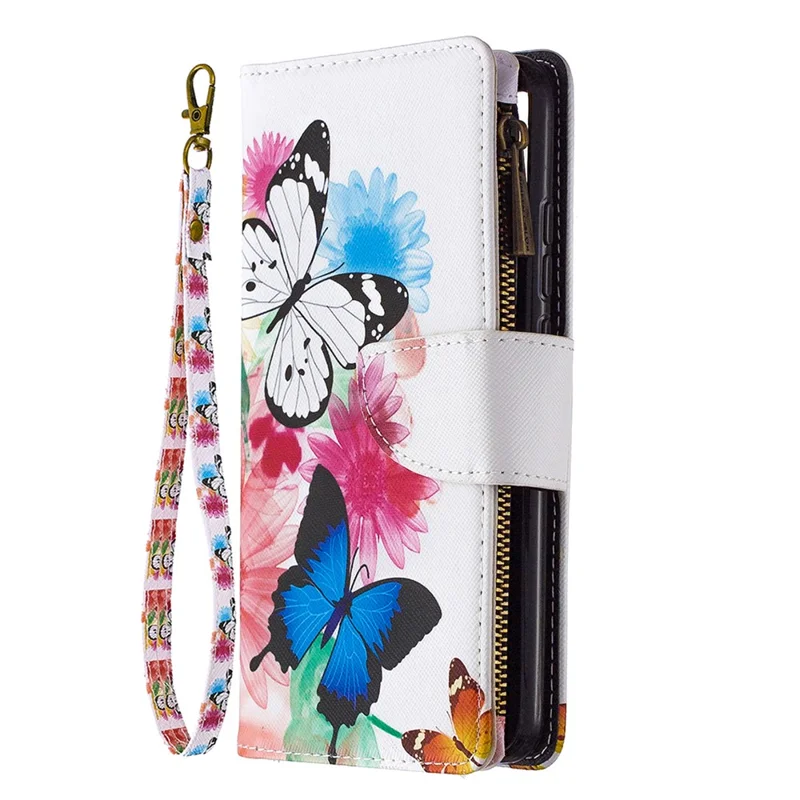 Pattern Printing Case Wallet Stand Leather Cover Protector for Xiaomi Redmi 9C / Redmi 9C NFC - White and Blue Butterfly