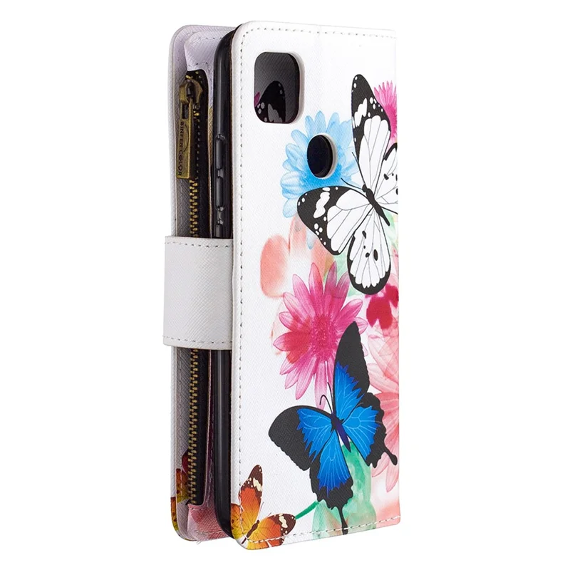 Pattern Printing Case Wallet Stand Leather Cover Protector for Xiaomi Redmi 9C / Redmi 9C NFC - White and Blue Butterfly