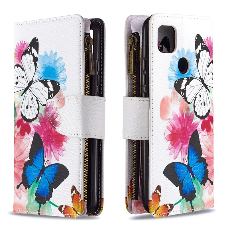 Pattern Printing Case Wallet Stand Leather Cover Protector for Xiaomi Redmi 9C / Redmi 9C NFC - White and Blue Butterfly