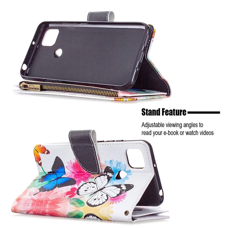 Pattern Printing Case Wallet Stand Leather Cover Protector for Xiaomi Redmi 9C / Redmi 9C NFC - White and Blue Butterfly