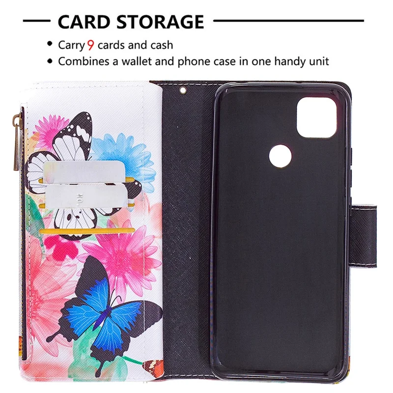 Pattern Printing Case Wallet Stand Leather Cover Protector for Xiaomi Redmi 9C / Redmi 9C NFC - White and Blue Butterfly