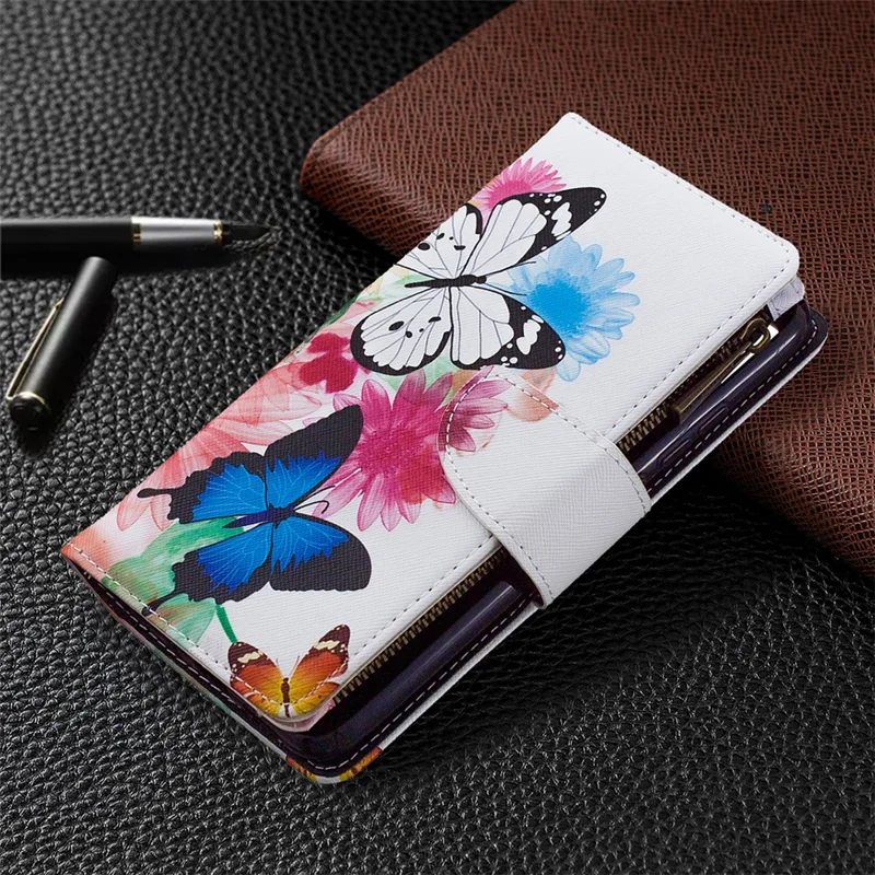Pattern Printing Case Wallet Stand Leather Cover Protector for Xiaomi Redmi 9C / Redmi 9C NFC - White and Blue Butterfly