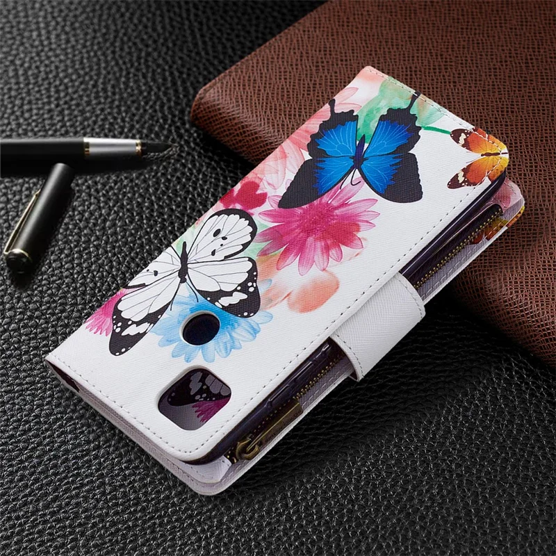 Pattern Printing Case Wallet Stand Leather Cover Protector for Xiaomi Redmi 9C / Redmi 9C NFC - White and Blue Butterfly