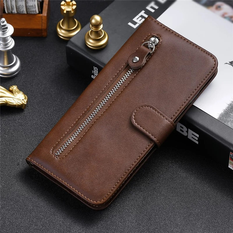 Zipper Pocket Wallet Leather Stand Case for Xiaomi Redmi 9A - Brown