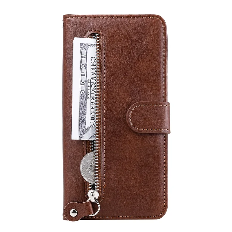 Zipper Pocket Wallet Leather Stand Case for Xiaomi Redmi 9A - Brown