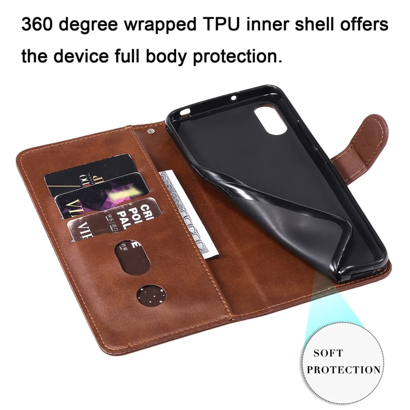 Zipper Pocket Wallet Leather Stand Case for Xiaomi Redmi 9A - Brown