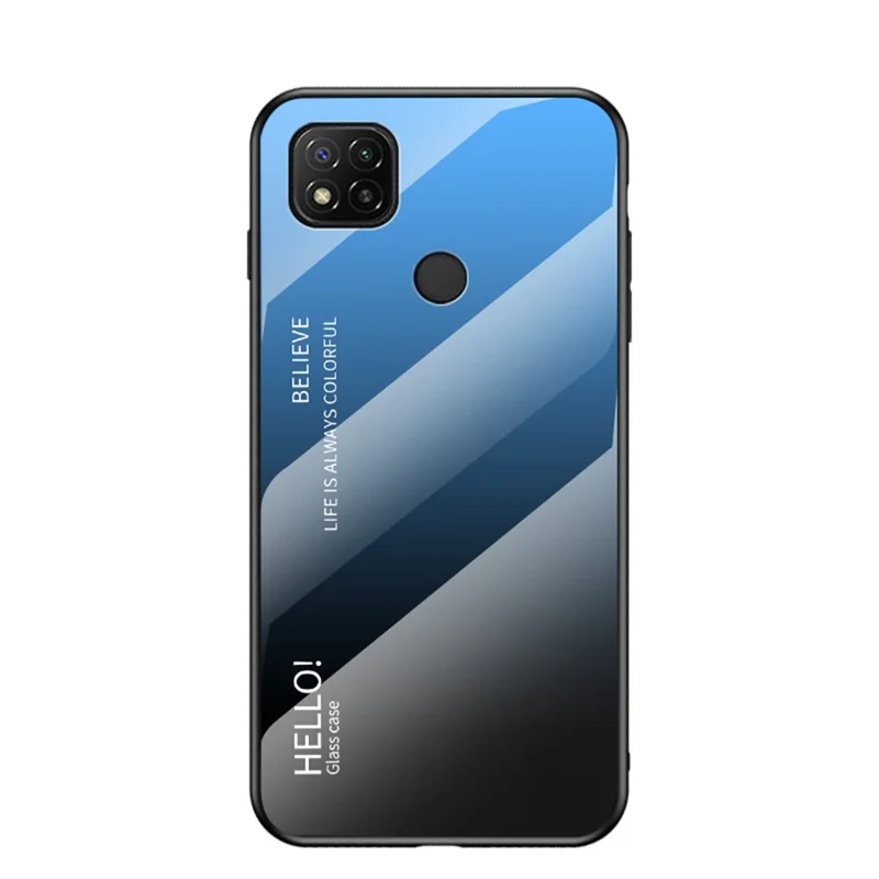 Color Gradient Pattern Tempered Glass + PC + TPU Edge Cell Phone Hybrid Case for Xiaomi Redmi 9C/Redmi 9C NFC - Gradient Blue Black