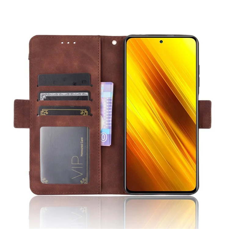 Funda protectora de cuero con soporte giratorio para Xiaomi Poco X3/Poco X3 NFC con diseño de bolsillo para tarjetas separado - Marrón