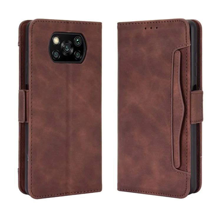 Funda protectora de cuero con soporte giratorio para Xiaomi Poco X3/Poco X3 NFC con diseño de bolsillo para tarjetas separado - Marrón
