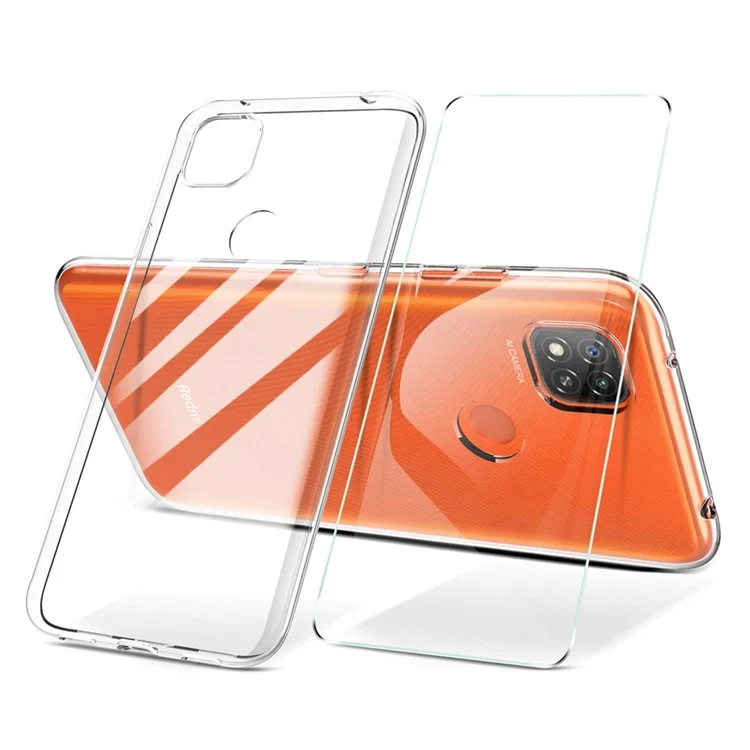 Transparent TPU Soft Phone Cover for Xiaomi Redmi 9C/Redmi 9C NFC with Tempered Glass Screen Film