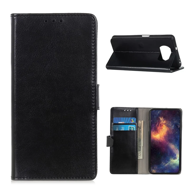 Leather with Wallet Crazy Horse Skin Cover for Xiaomi Poco X3 NFC - Black