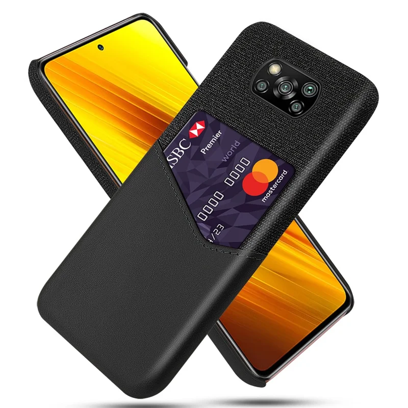 KSQ Card Holder Cloth + Rivestimento in PU Pelle per PC Xiaomi Poco X3 NFC / Poco X3 - Nero