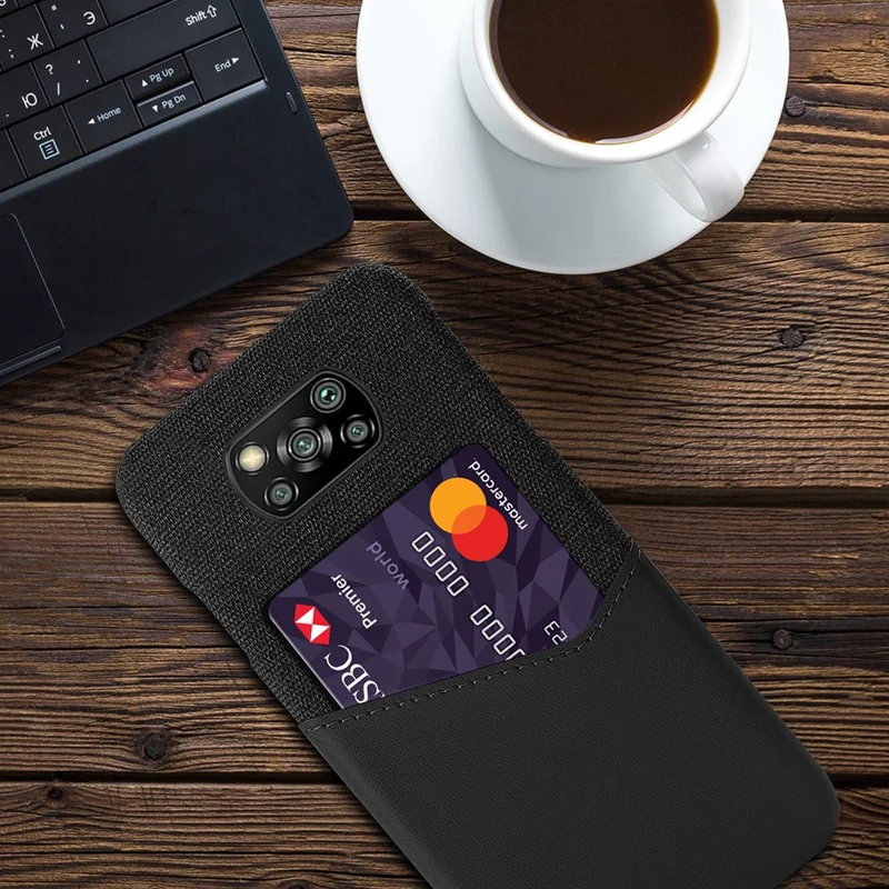 KSQ Card Holder Cloth + Rivestimento in PU Pelle per PC Xiaomi Poco X3 NFC / Poco X3 - Nero