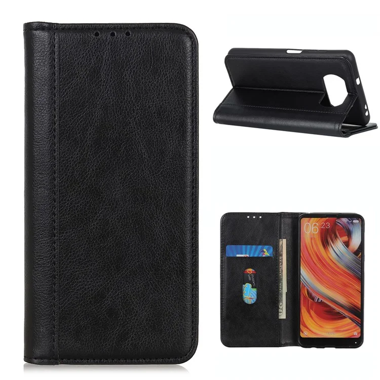 Para Xiaomi Poco X3 NFC/Poco X3 Funda para teléfono Funda de cuero PU Funda protectora a prueba de golpes con textura de lichí Soporte de billetera - Negro
