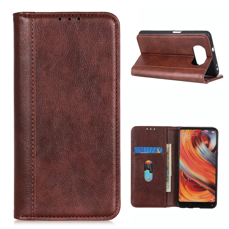 For Xiaomi Poco X3 NFC/Poco X3 Phone Case PU Leather Phone Cover Drop-proof Litchi Texture Protector with Stand Wallet - Brown