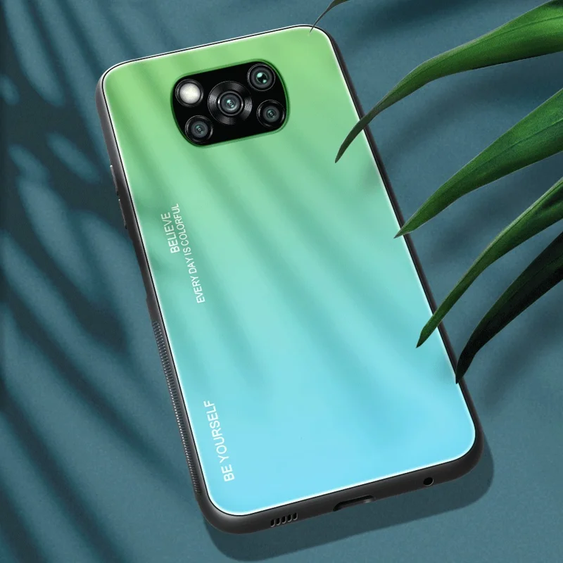 Gradient Skaller Hærdet Glas + PC + TPU Beskyttelses Case til Xiaomi Poco X3 NFC/Poco X3 - Cyan / Blå