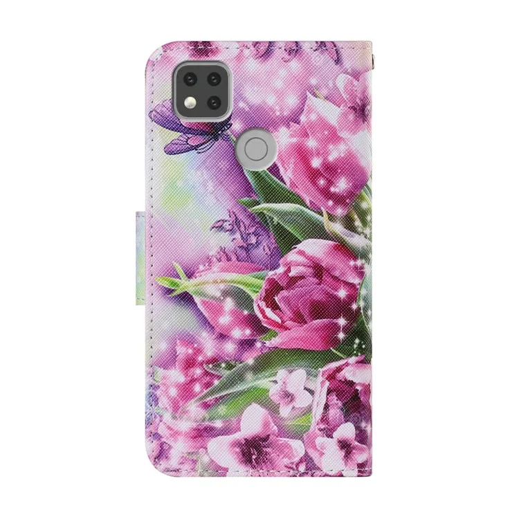 Pattern Printing Leather Wallet Stylish Stand Case with Handy Strap for Xiaomi Redmi 9C/Redmi 9C NFC - Tulips