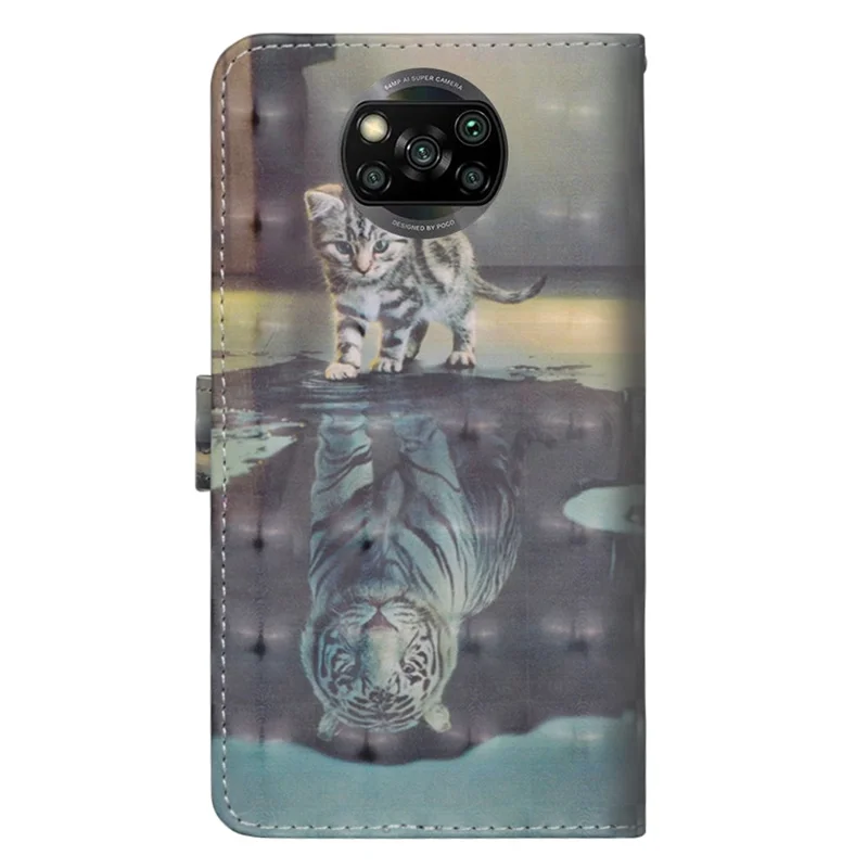 Light Spot Decor Pattern Printing Leather Case for Xiaomi Poco X3/Poco X3 NFC - Cat and Water Reflection