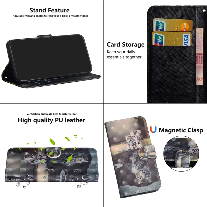 Leichtfleck Dekormuster Druckledertasche Für Xiaomi Poco X3/poco X3 NFC - Katzen- Und Wasserreflexion