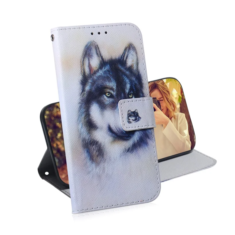 Caixa de Carteira de Couro de Impressão de Padrões Para Xiaomi Poco X3 Nfc/poco X3 - Lobo Branco