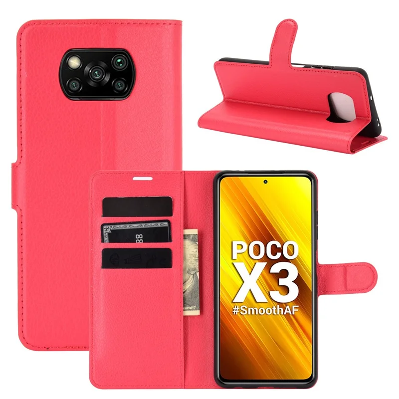 Litchi Skin Wallet Leather Stand Caso Para Xiaomi Poco X3 Nfc/poco X3 - Vermelho