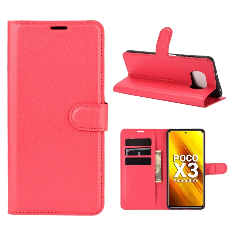 Litchi Skin Wallet Leather Stand Caso Para Xiaomi Poco X3 Nfc/poco X3 - Vermelho