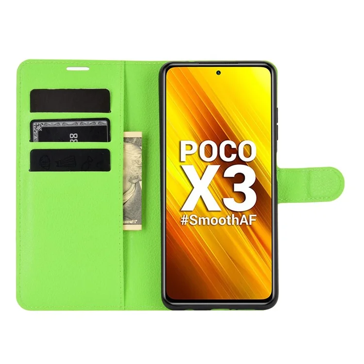 Litchi Skin Wallet Leather Stand Case for Xiaomi Poco X3 NFC / Poco X3 - Green