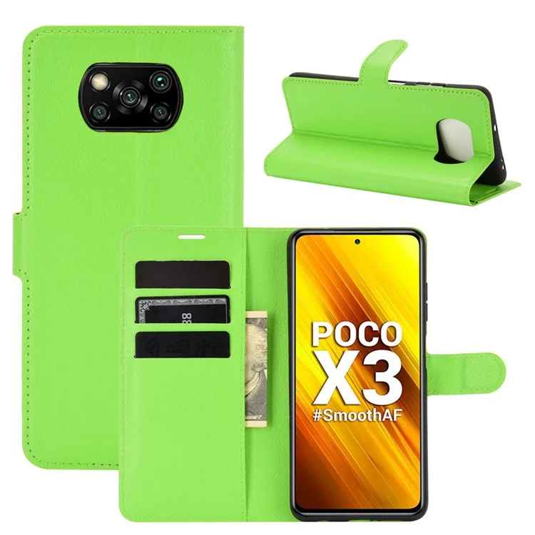 Litchi Skin Wallet Leather Stand Case for Xiaomi Poco X3 NFC / Poco X3 - Green