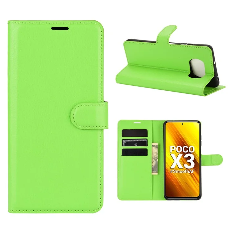 Litchi Skin Wallet Leather Stand Case for Xiaomi Poco X3 NFC / Poco X3 - Green