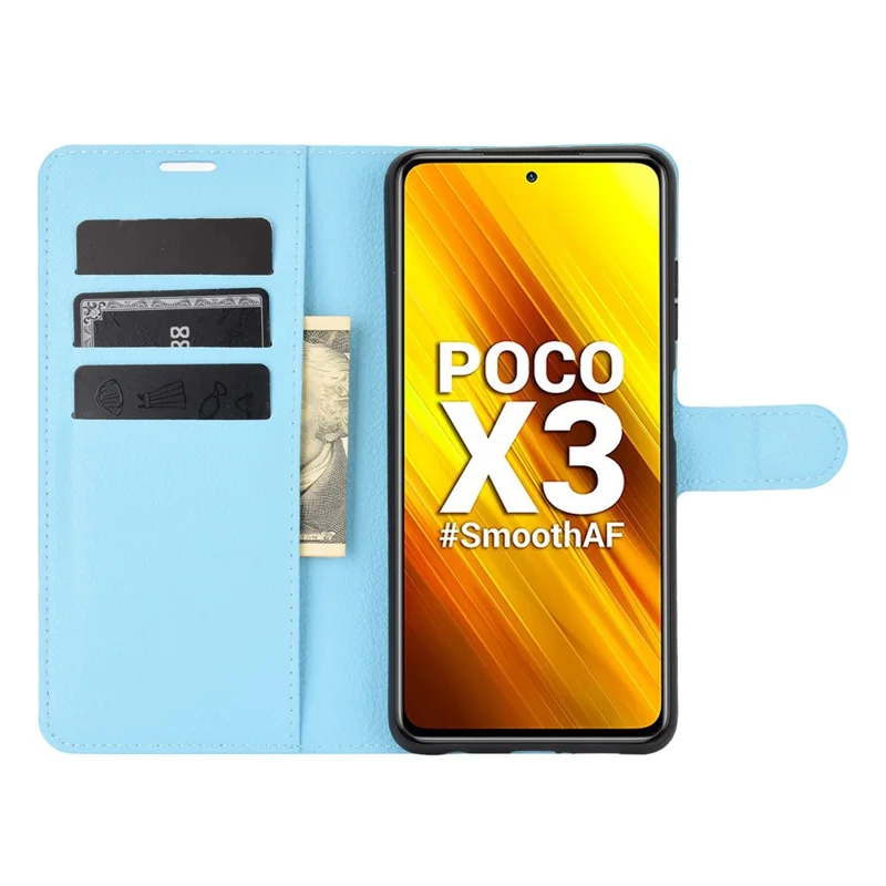 Billetera de piel con textura de litchi, soporte de pie para Xiaomi Poco X3 NFC/Poco X3 - Azul bebé