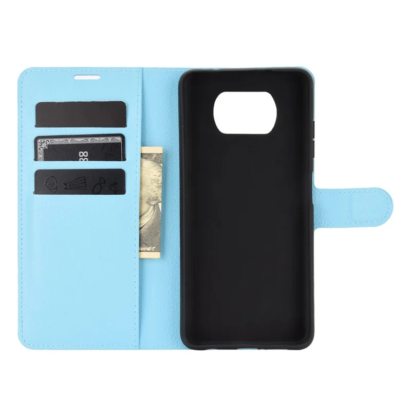 Billetera de piel con textura de litchi, soporte de pie para Xiaomi Poco X3 NFC/Poco X3 - Azul bebé