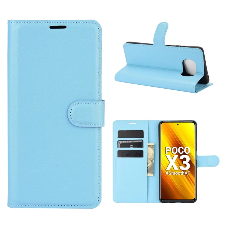 Billetera de piel con textura de litchi, soporte de pie para Xiaomi Poco X3 NFC/Poco X3 - Azul bebé