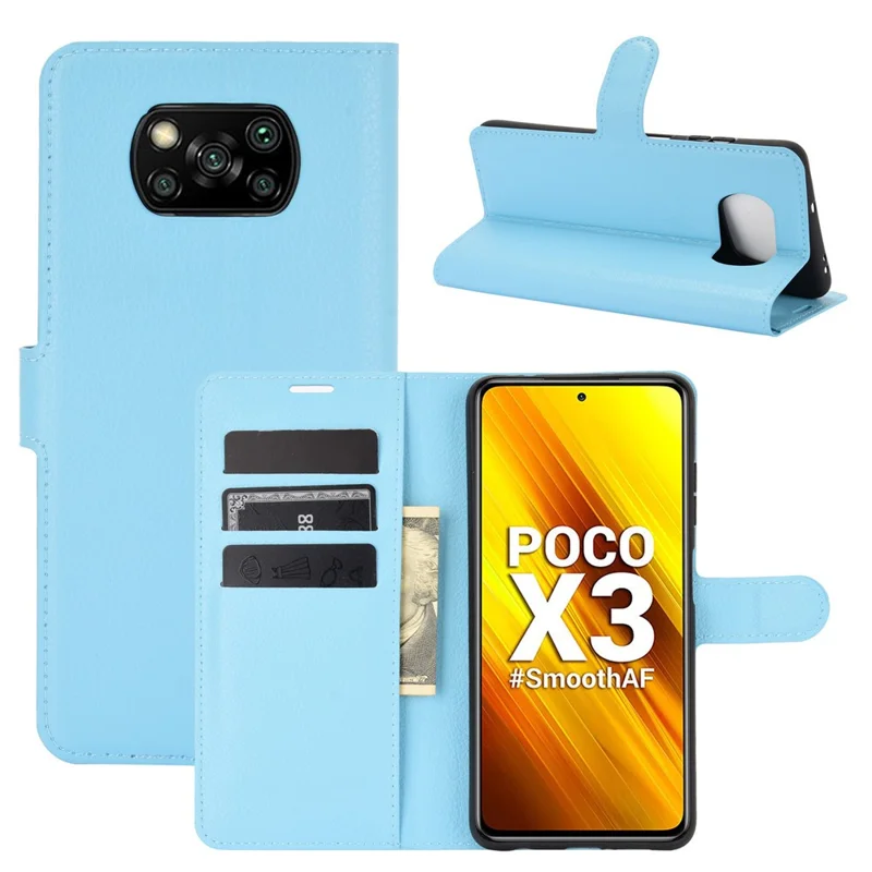 Billetera de piel con textura de litchi, soporte de pie para Xiaomi Poco X3 NFC/Poco X3 - Azul bebé