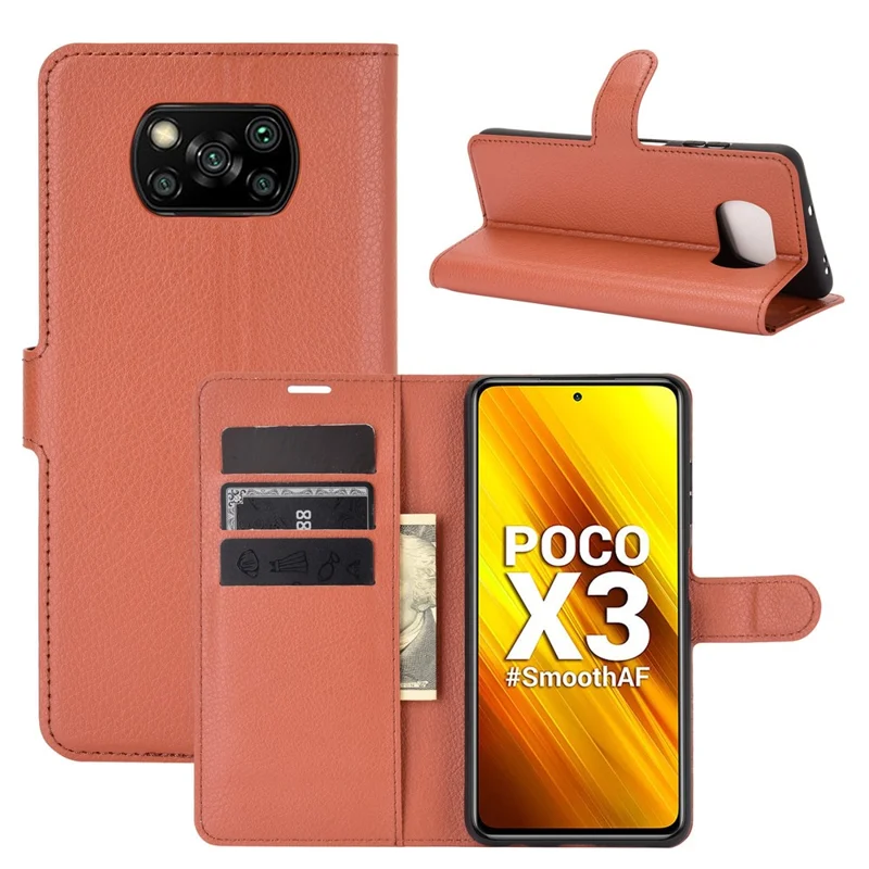 Portafoglio in pelle di litchi Custodia con supporto per Xiaomi Poco X3 NFC/Poco X3 - Marrone