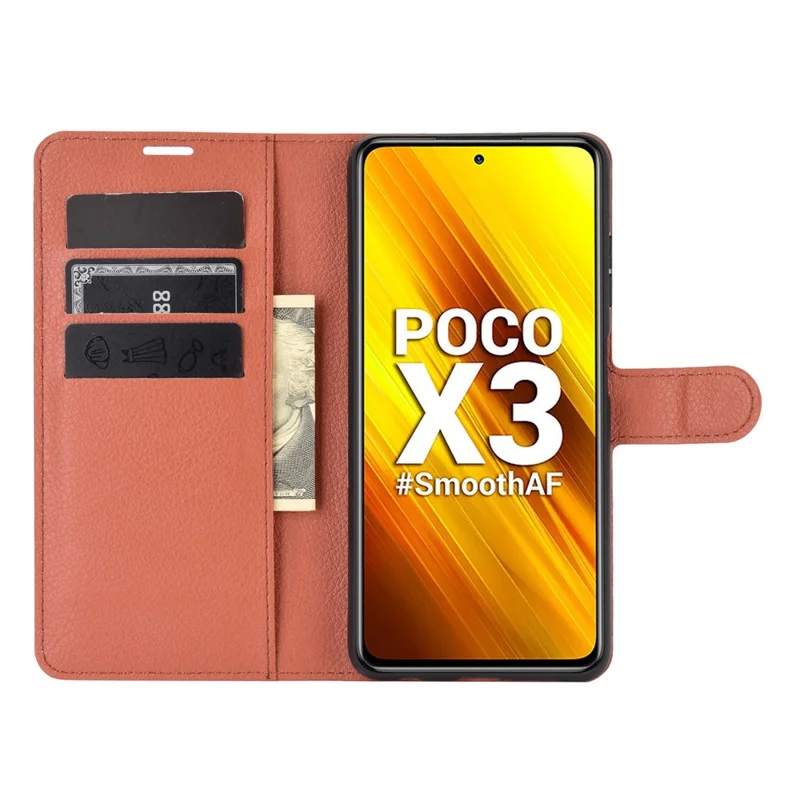 Portafoglio in pelle di litchi Custodia con supporto per Xiaomi Poco X3 NFC/Poco X3 - Marrone