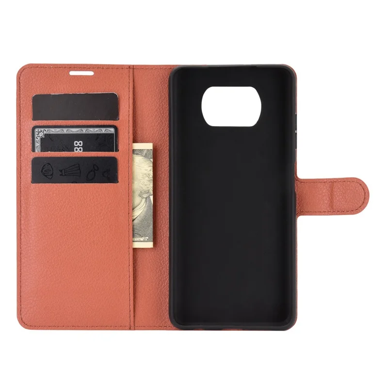 Portafoglio in pelle di litchi Custodia con supporto per Xiaomi Poco X3 NFC/Poco X3 - Marrone