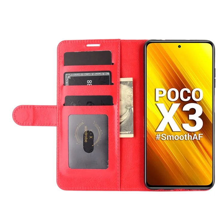 Crazy Horse Skin Wallet Phone Cover Case for Xiaomi Poco X3 / Poco X3 NFC - Red