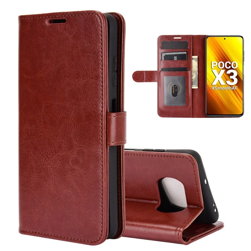 Crazy Horse Skin Wallet Phone Cover Case for Xiaomi Poco X3 / Poco X3 NFC - Brown