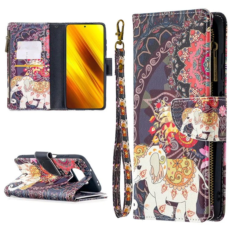 BF03 Pattern Printing Zipper Wallet Leather Phone Case per Xiaomi Poco X3 / Poco X3 NFC - Elefante