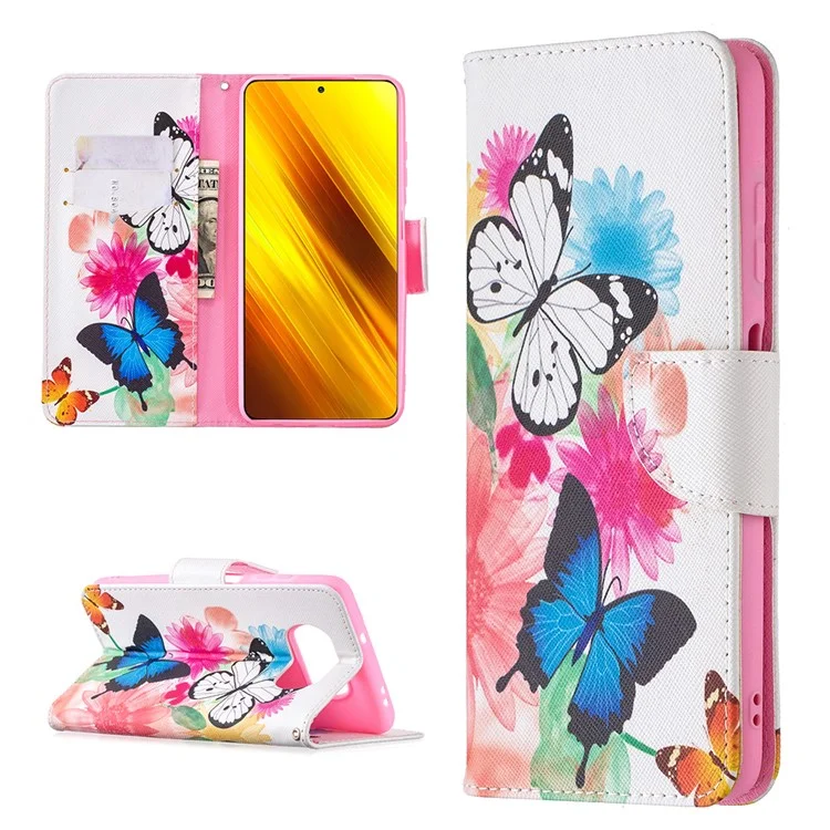 Funda protectora con impresión de patrón para cartera de piel para Xiaomi Poco X3 / Poco X3 NFC - Mariposa y Flor