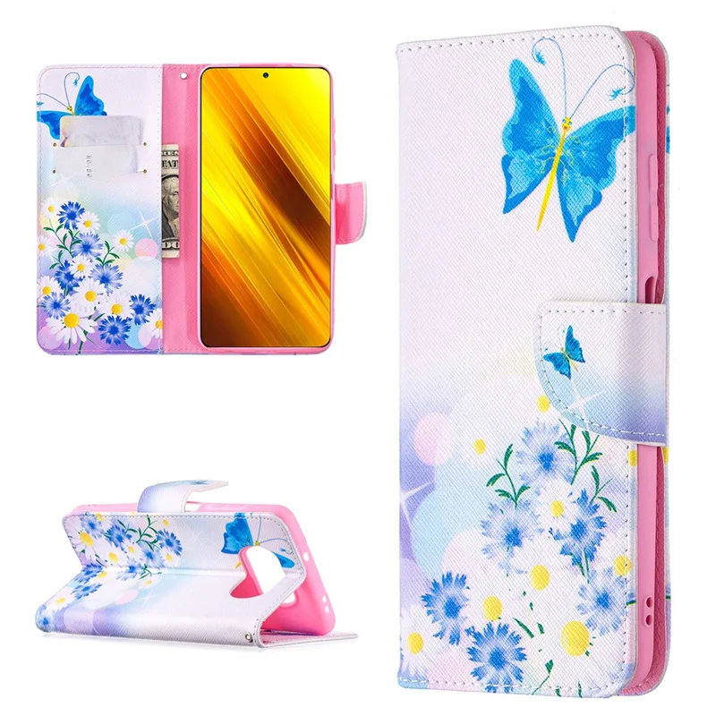Pattern Printing Leather Wallet Protective Shell for Xiaomi Poco X3 / Poco X3 NFC - Blue Butterfly