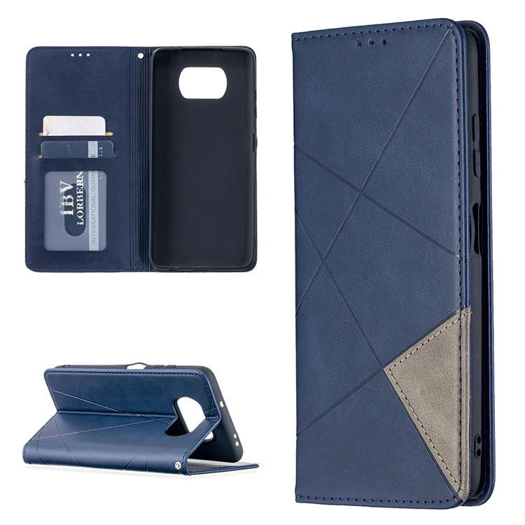 Étui de support en cuir avec motif géométrique et fentes pour cartes pour Xiaomi Poco X3 - Bleu
