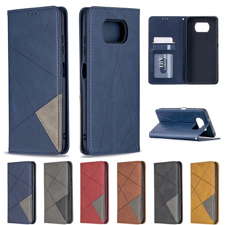 Étui de support en cuir avec motif géométrique et fentes pour cartes pour Xiaomi Poco X3 - Bleu