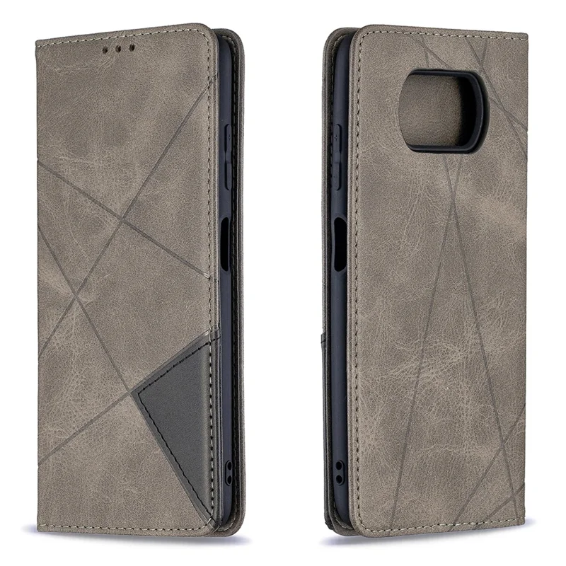 Caixa Geométrica Do Suporte Do Couro Do Teste Padrão Com Slots De Cartão Para Xiaomi Poco X3 - Cinza