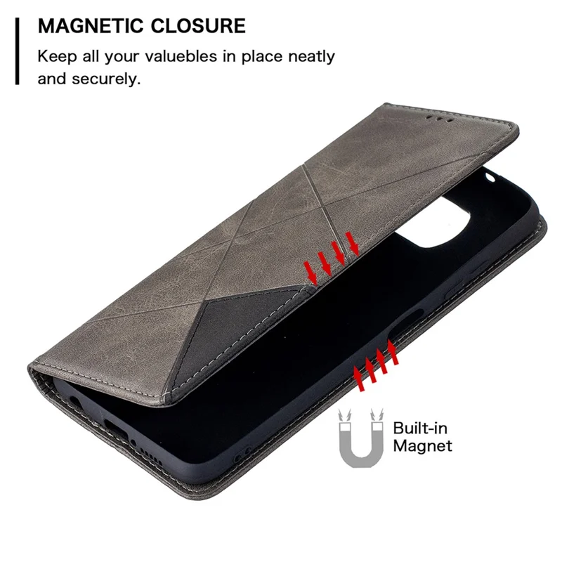 Caixa Geométrica Do Suporte Do Couro Do Teste Padrão Com Slots De Cartão Para Xiaomi Poco X3 - Cinza