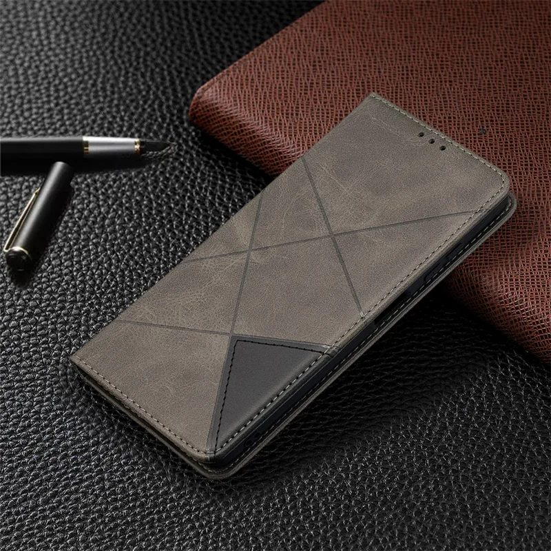 Caixa Geométrica Do Suporte Do Couro Do Teste Padrão Com Slots De Cartão Para Xiaomi Poco X3 - Cinza