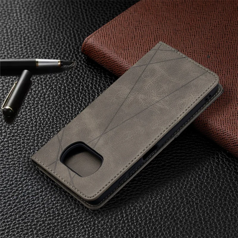 Caixa Geométrica Do Suporte Do Couro Do Teste Padrão Com Slots De Cartão Para Xiaomi Poco X3 - Cinza