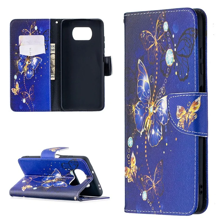 Funda de teléfono de piel con estampado y soporte para Xiaomi Poco X3 / Poco X3 NFC - Mariposa azul oscura