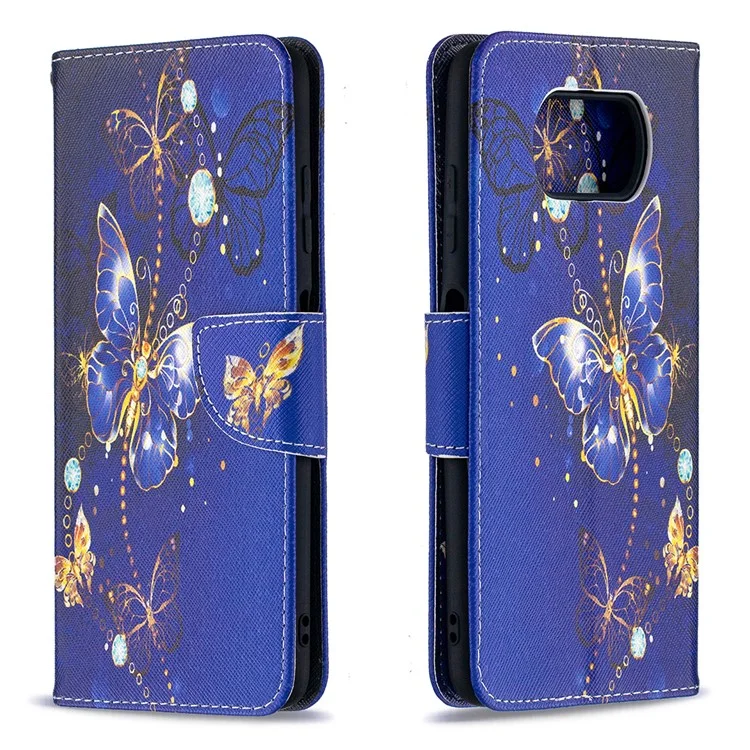 Pattern Printing Wallet Stand Flip Leather Phone Shell for Xiaomi Poco X3 / Poco X3 NFC - Dark Blue Butterfly